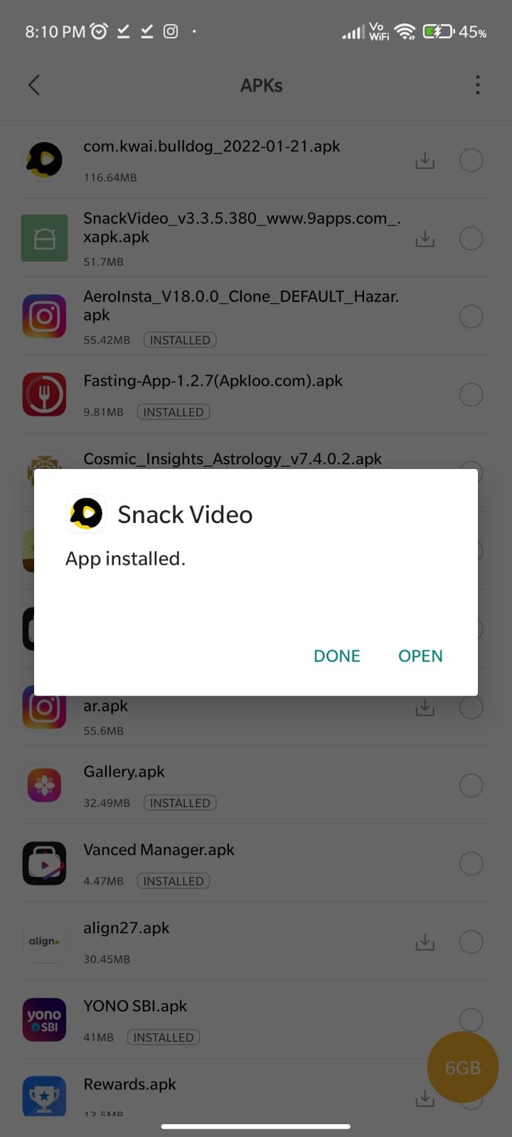 snackvideo apk installed