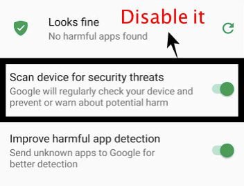 deshabilite la opción "Escanear dispositivo en busca de amenazas de seguridad"