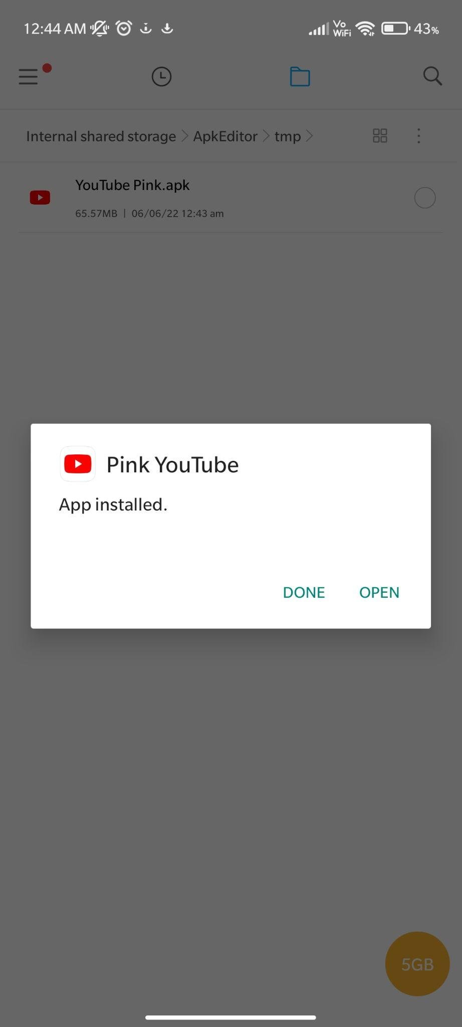 YouTube Pink apk installed