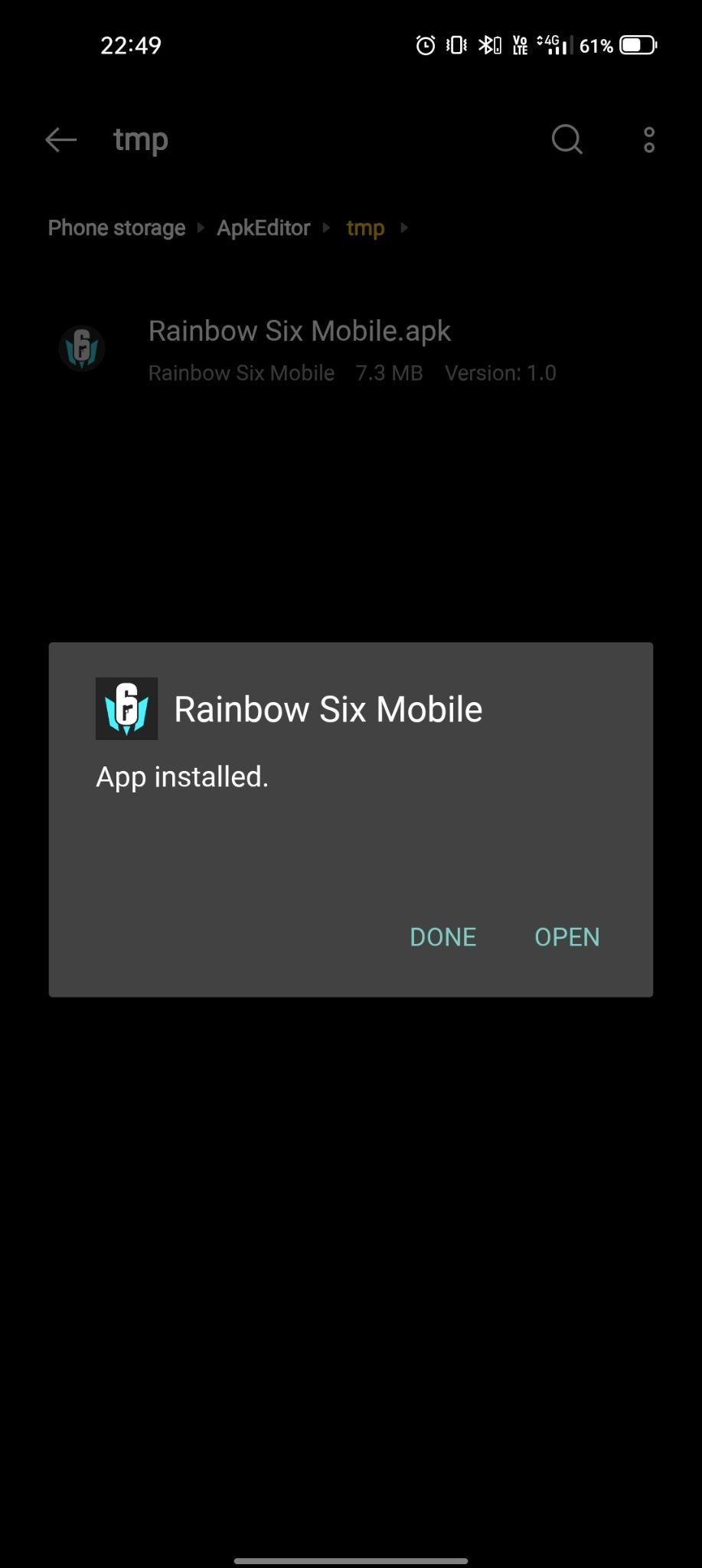 rainbox six mobile apk installed