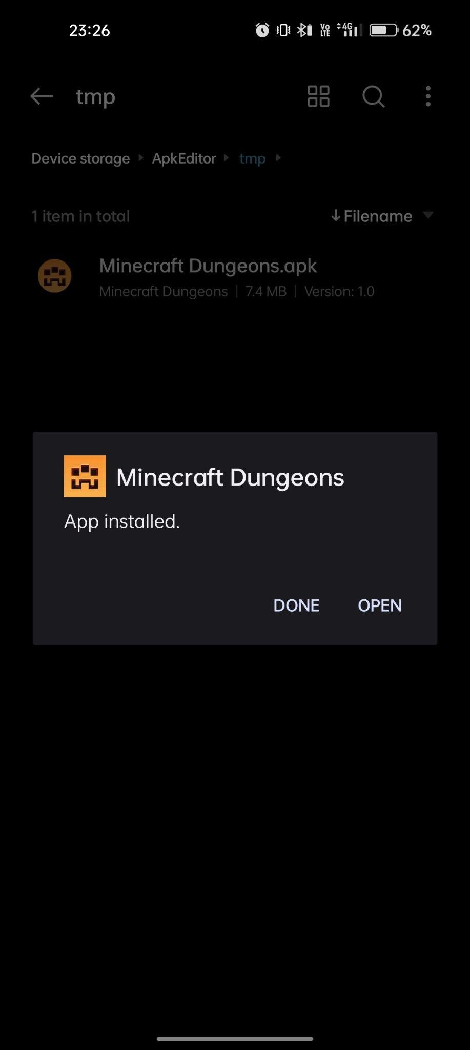 minecraft dungeons apk installed