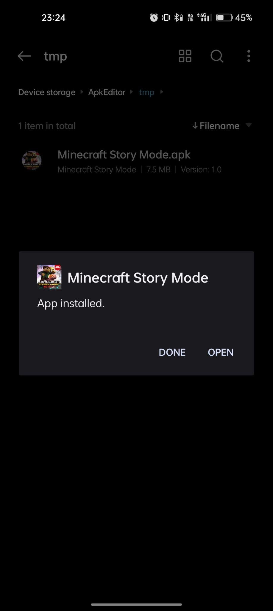 Minecraft: Story Mode apk installed