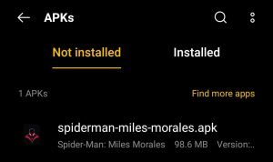 Locate Spiderman Miles Morales APK in File Manager