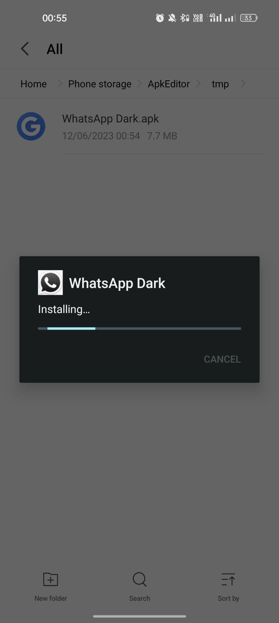 WhatsApp Dark apk installing