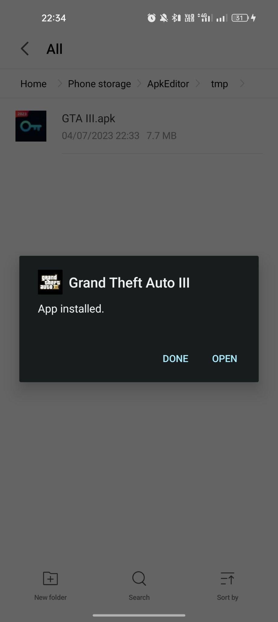 Grand Theft Auto III apk installed
