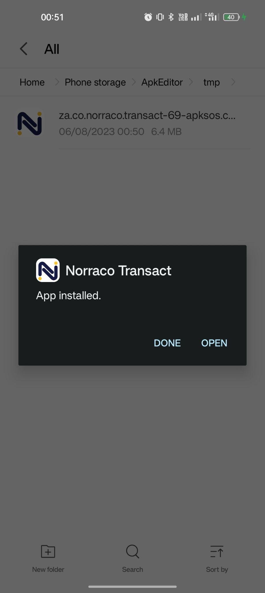 Norraco Transact apk installed