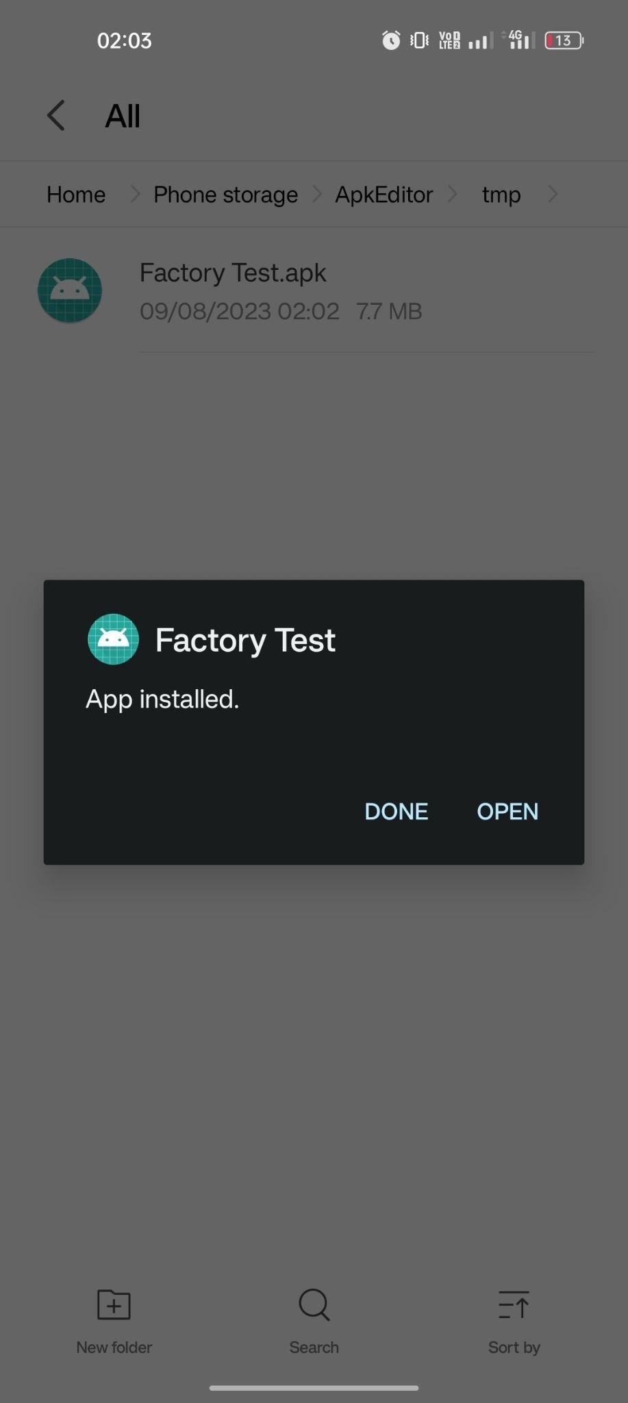 Factory Test apk installed