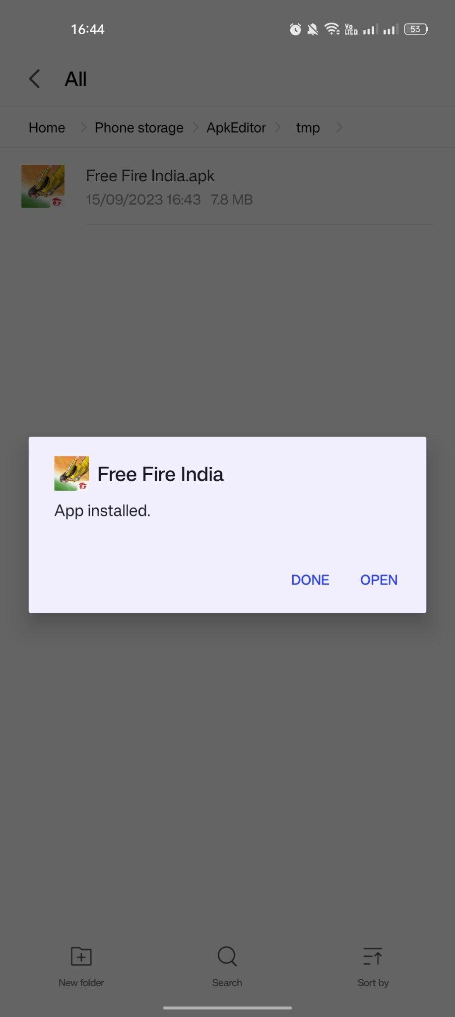 Free Fire India apk installed