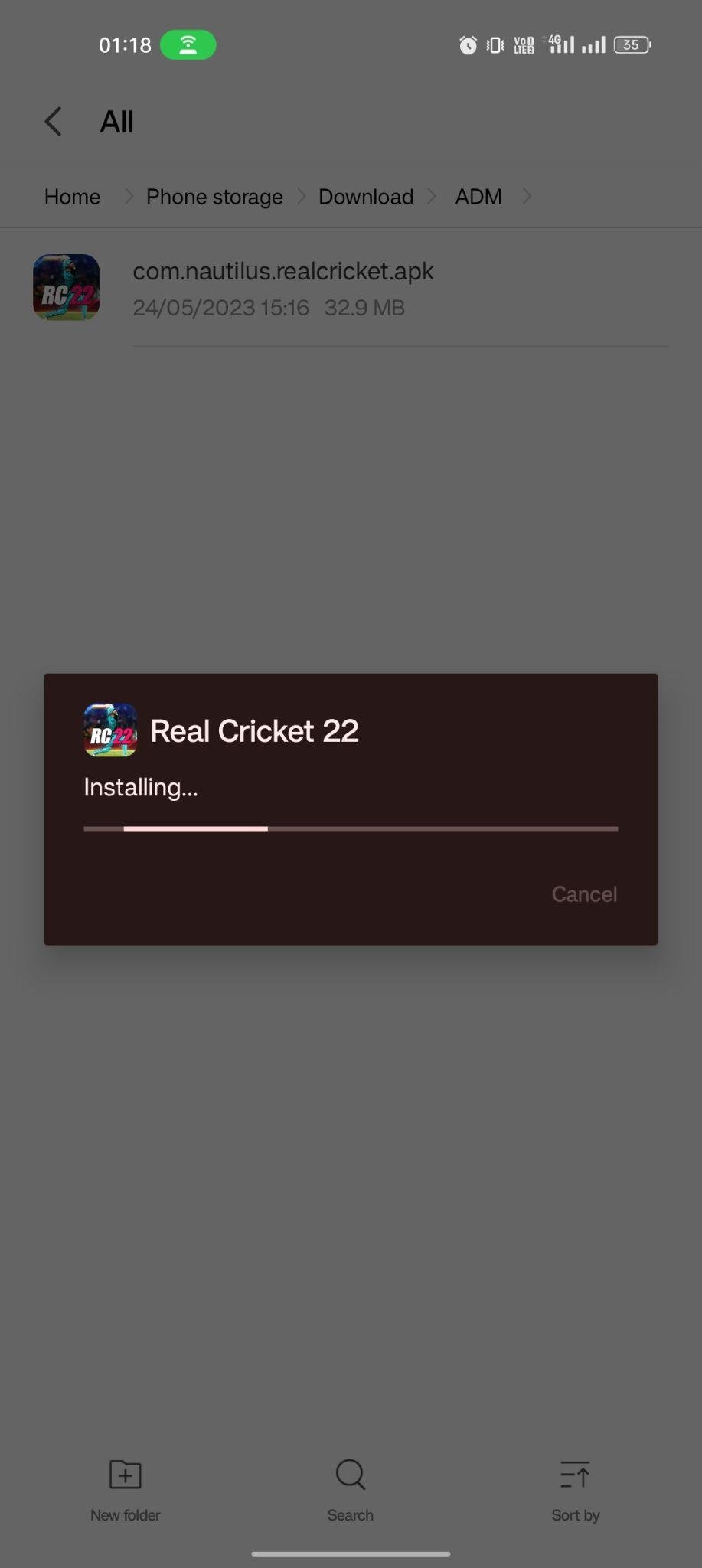 Real Cricket 24 apk installing