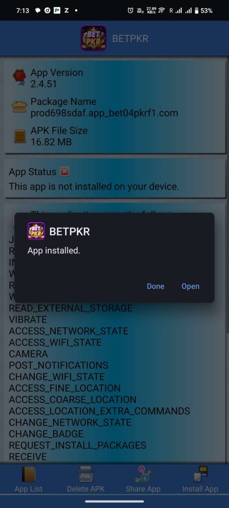 BETPKR APK installed