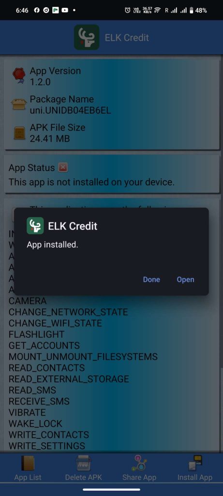 Elk Credit APK installed