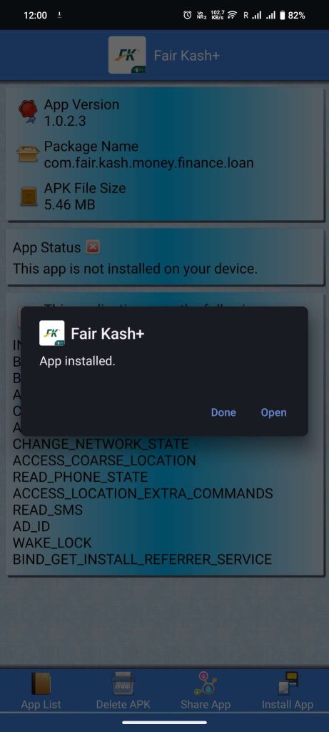 FairKash Loan APK installed