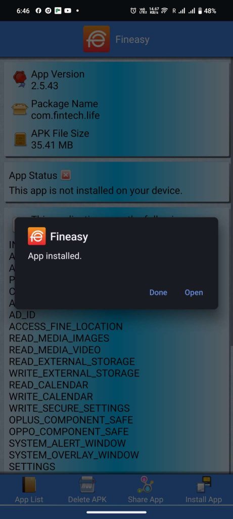 Fineasy APK installed