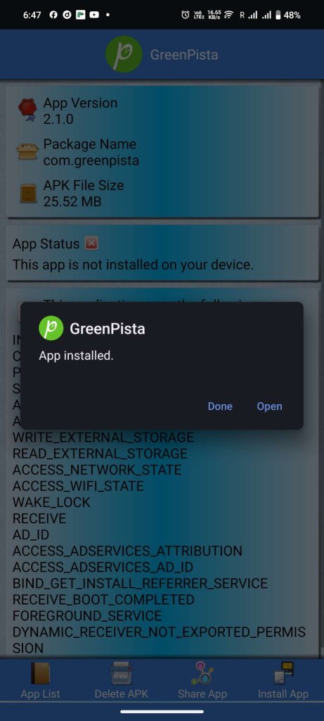 Green Pista APK installed