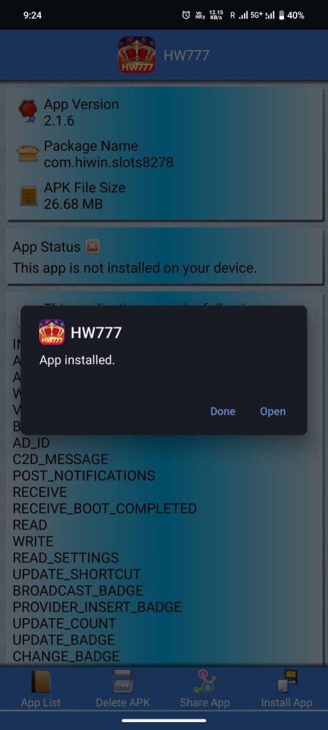 HW777 APK installed