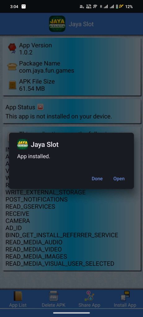 Jayaslot APK installed