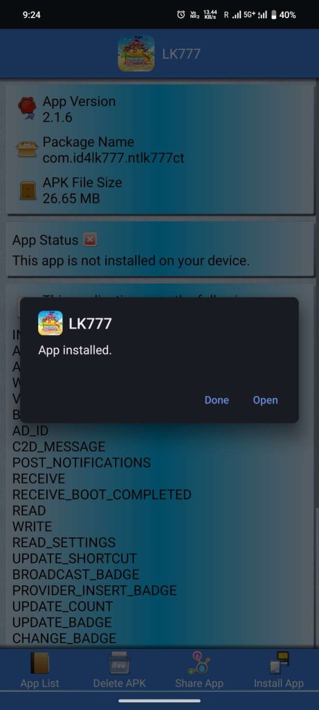 LK777 APK installed