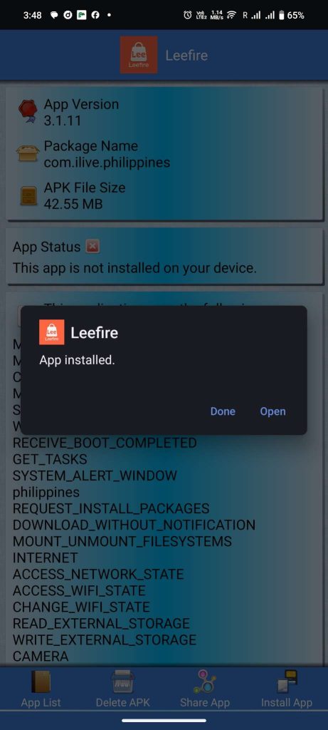 Leefire APK installed