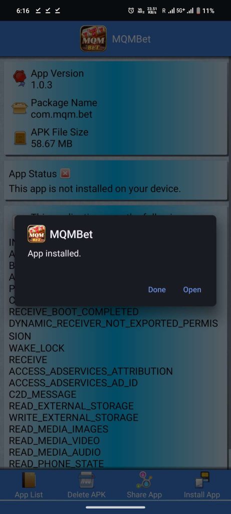 MQM Bet APK installed