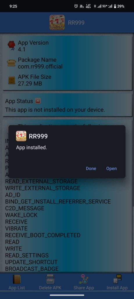 RR999 APK installed