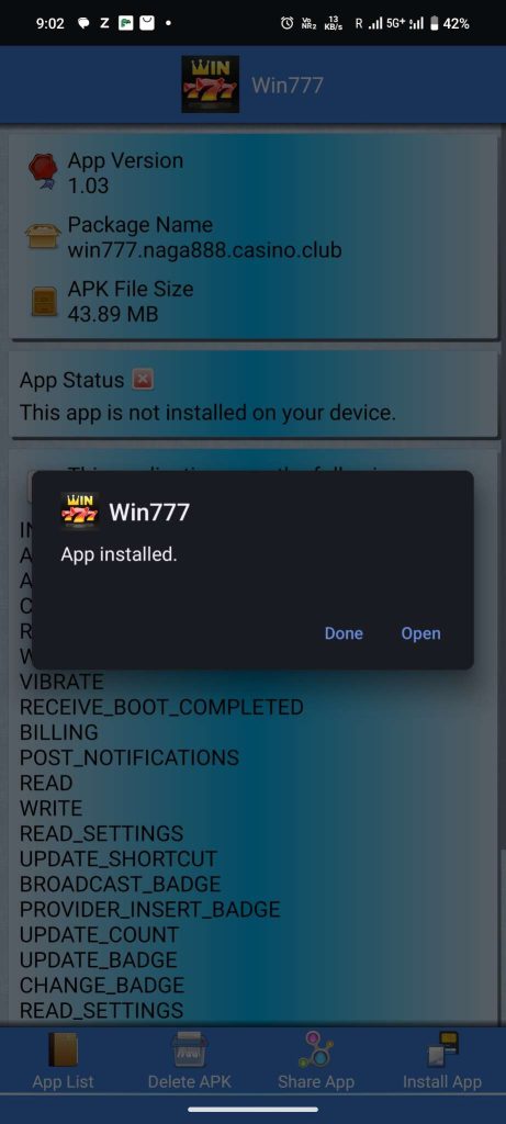 Win777 APK installed