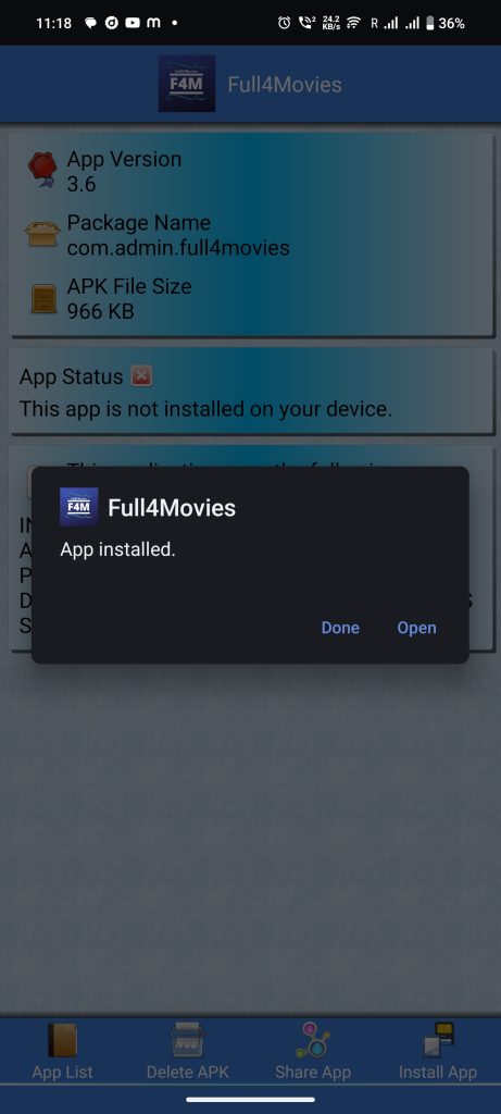 Full4Movies APK installed