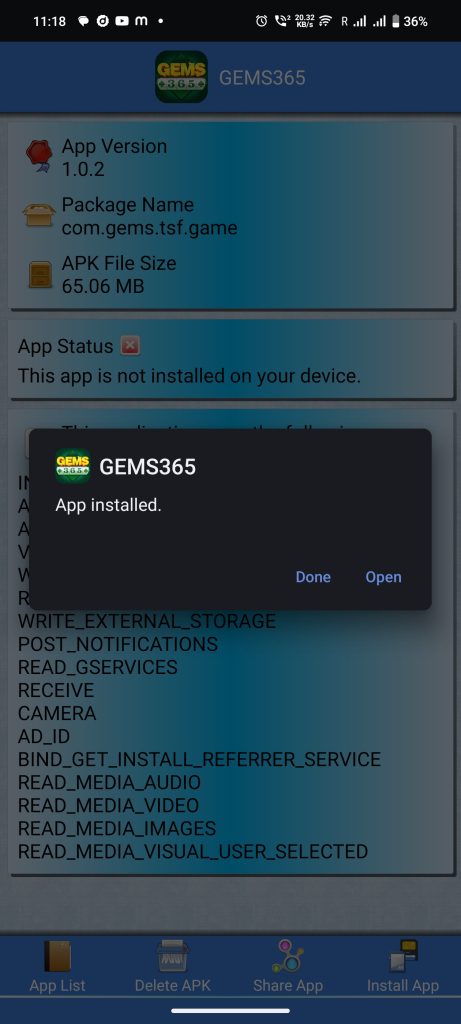 Gems 365 APK installed