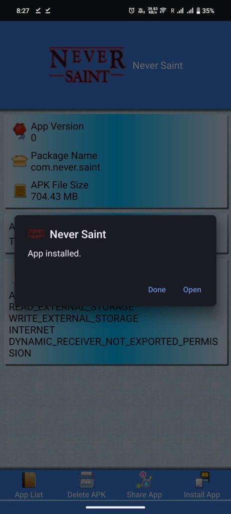 Never Saint APK installed