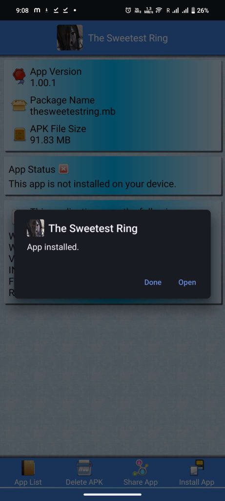 The Sweetest Ring APK installed