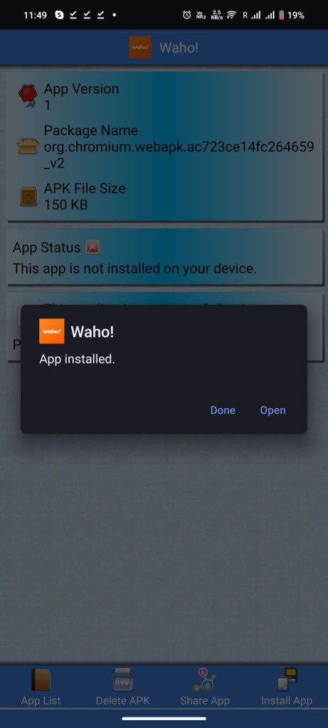 Waho Pro APK installed