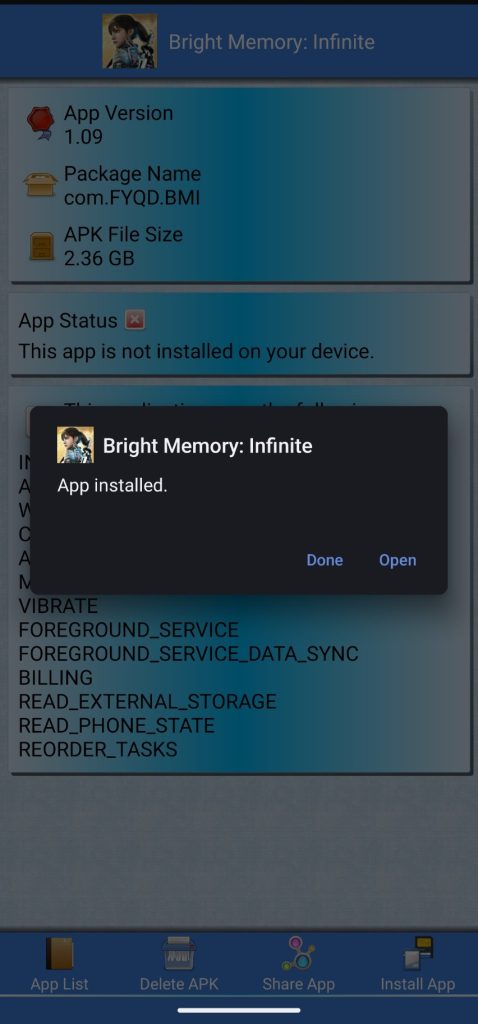 Bright Memory: Infinite APK installed