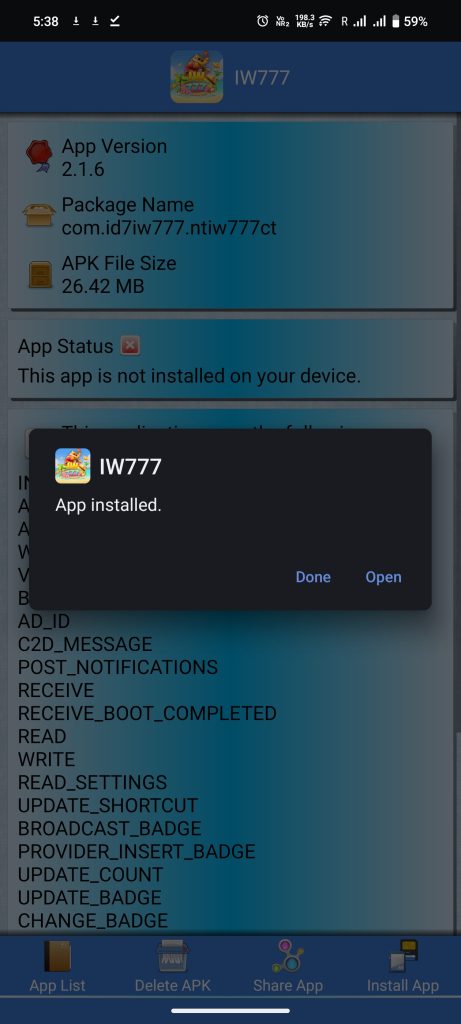 IW777 APK installed