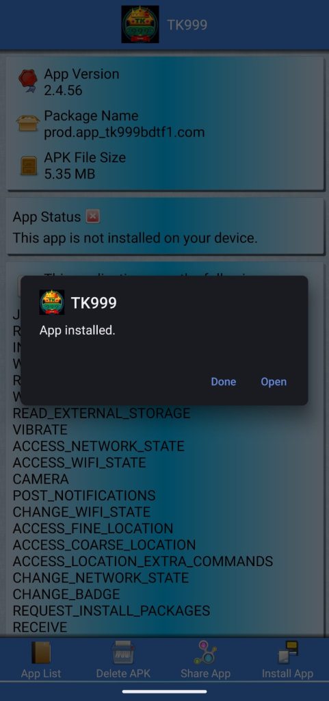 Tk999 APK installed