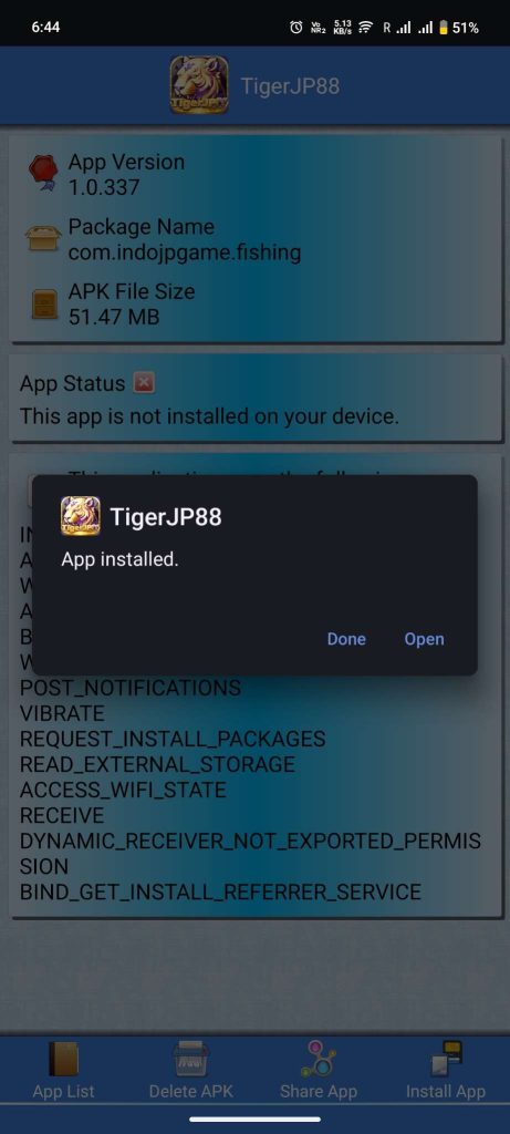 TigerJP88 APK installed