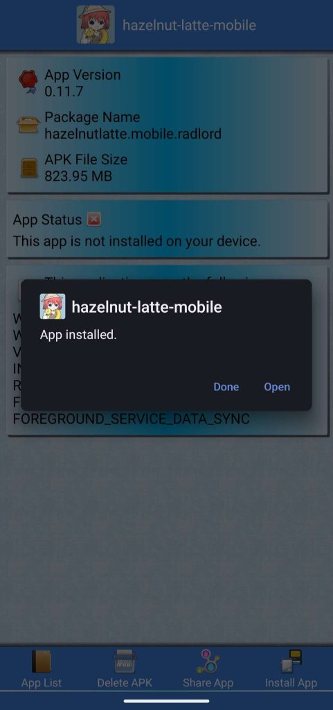 Hazelnut Latte APK installed