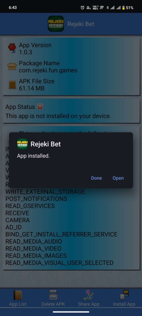 Rejeki Bet APK installed