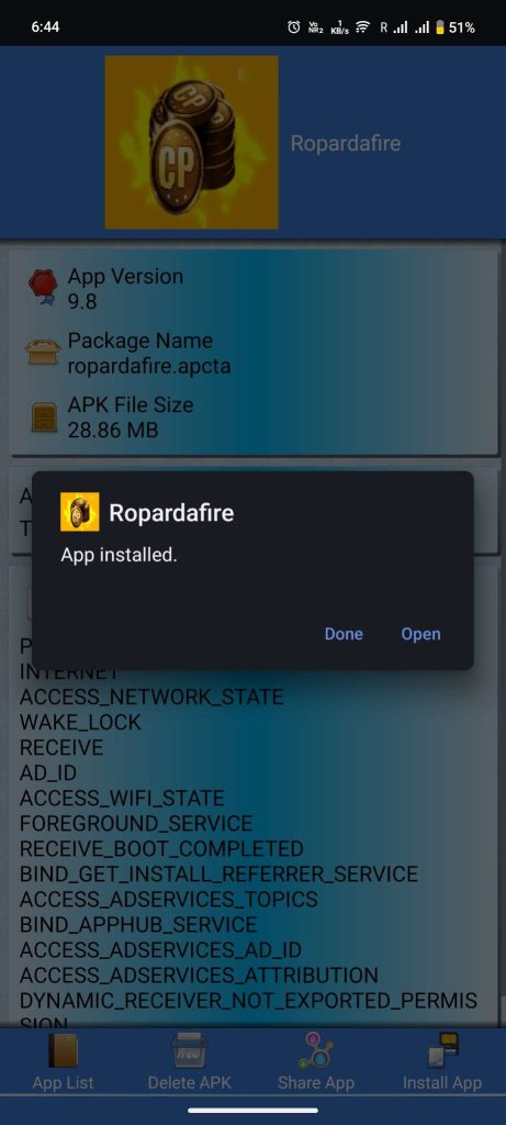 Ropardafire CODM APK installed