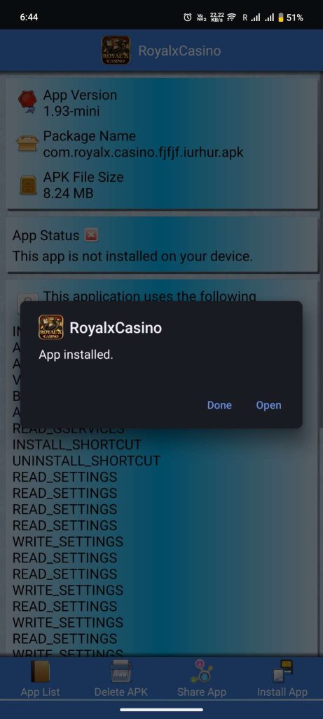 Royal X Casino APK installed