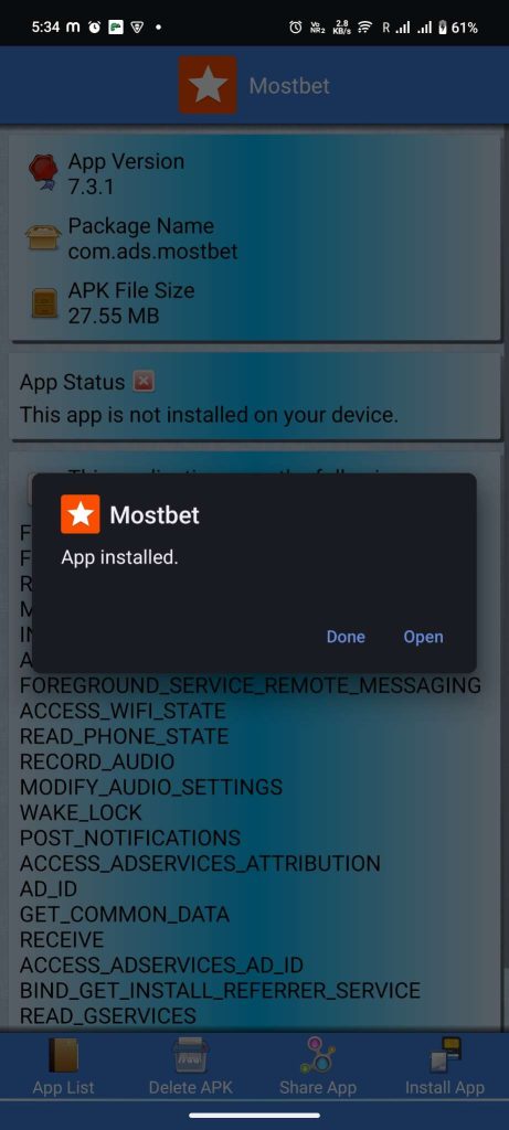 MostBet Apk installed