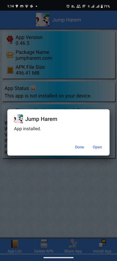 Jump Harem APK installed